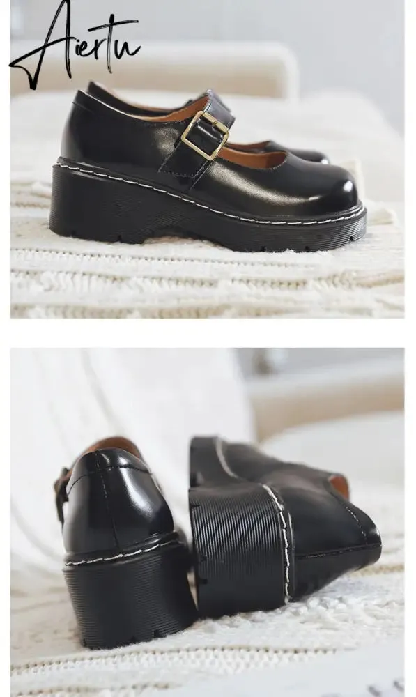 Aiertu New Arrival Japanese Style Vintage Buckle Mary Janes Shoes Women'S Shallow Mouth Casual Student Leather Shoes Thick Bottom