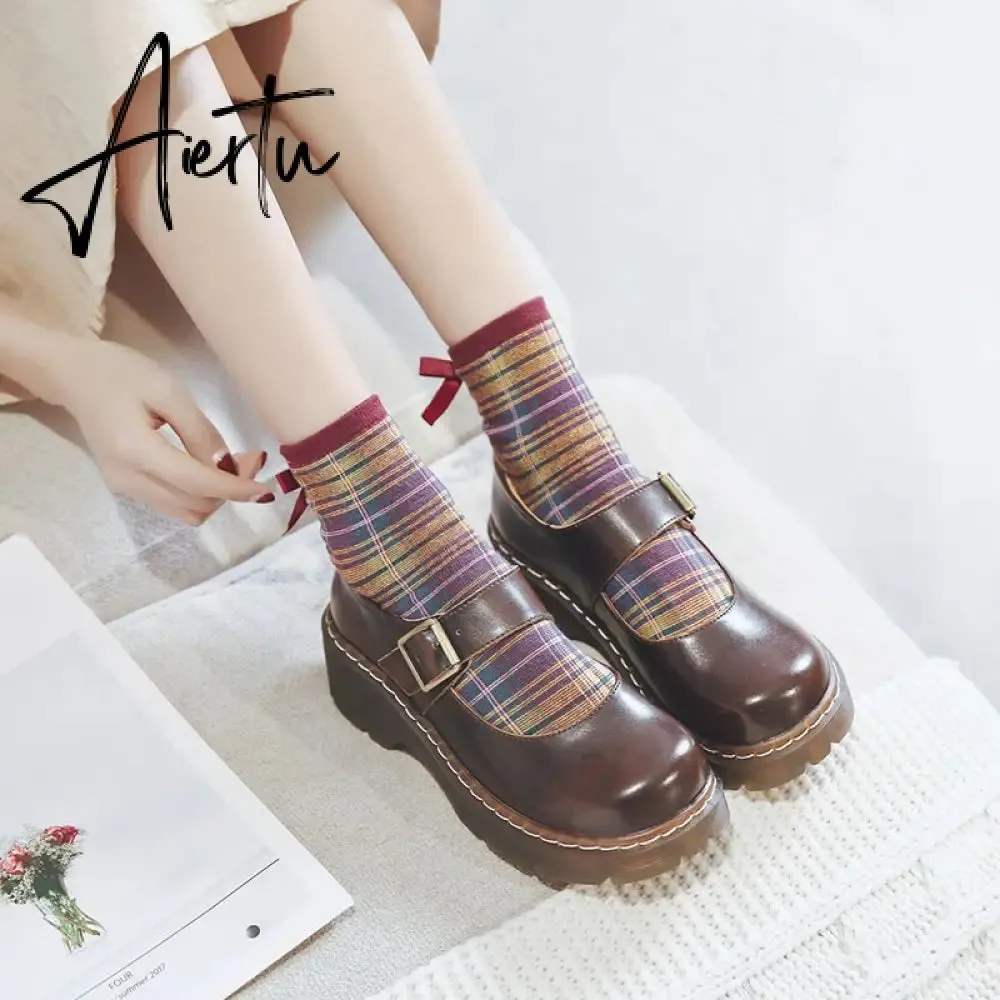 Aiertu New Arrival Japanese Style Vintage Buckle Mary Janes Shoes Women'S Shallow Mouth Casual Student Leather Shoes Thick Bottom