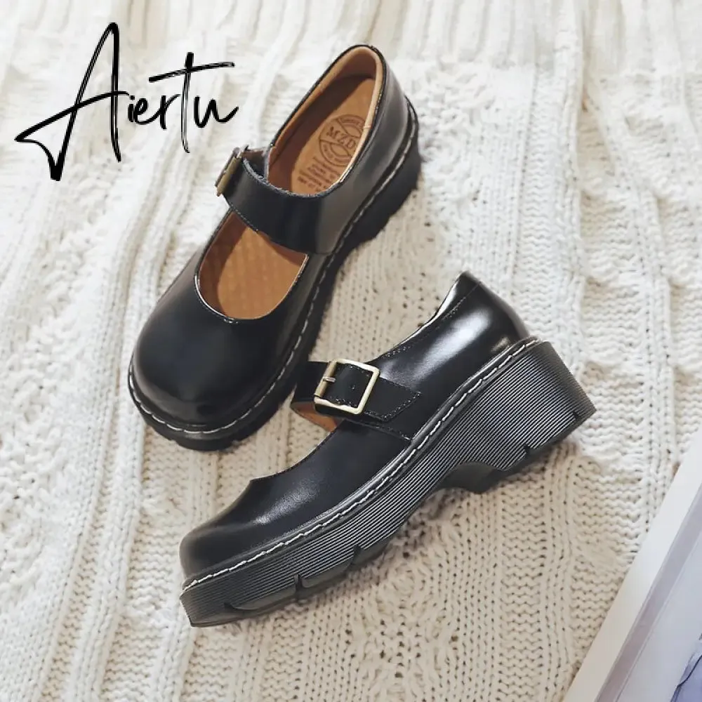 Aiertu New Arrival Japanese Style Vintage Buckle Mary Janes Shoes Women'S Shallow Mouth Casual Student Leather Shoes Thick Bottom