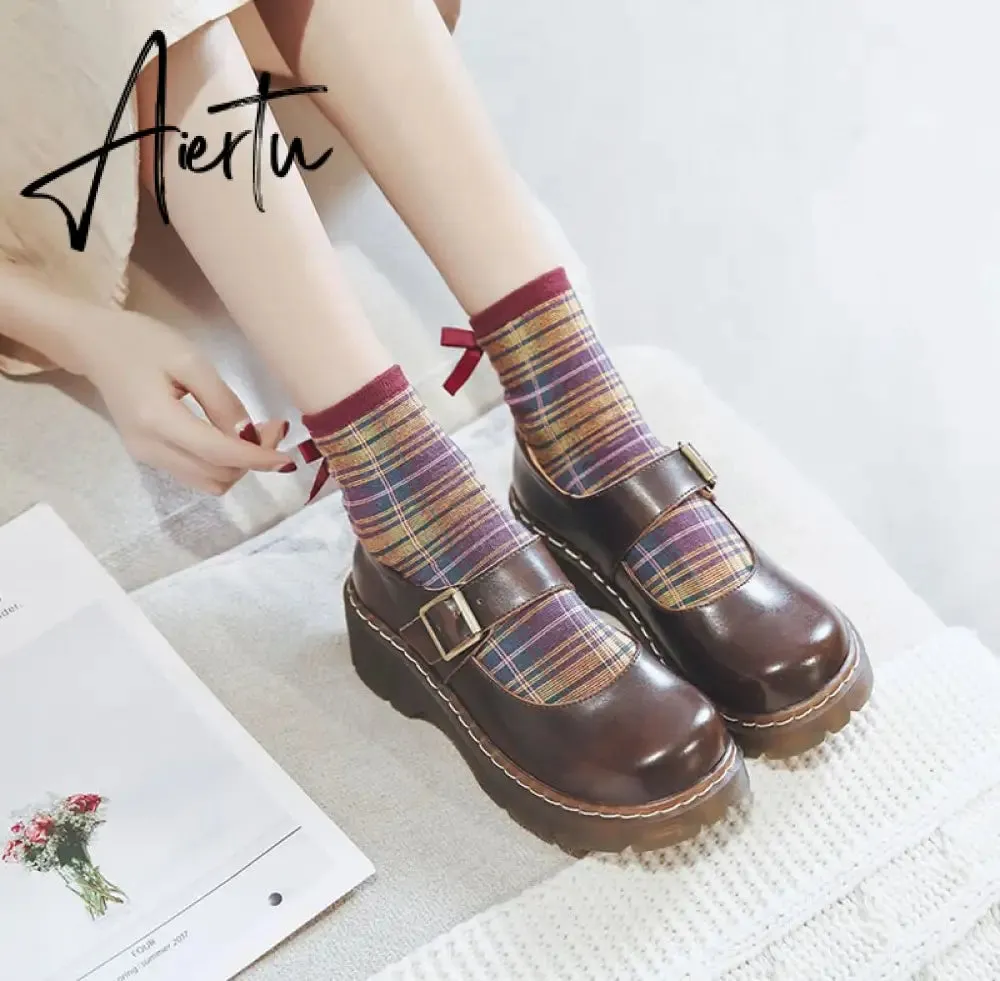 Aiertu New Arrival Japanese Style Vintage Buckle Mary Janes Shoes Women'S Shallow Mouth Casual Student Leather Shoes Thick Bottom