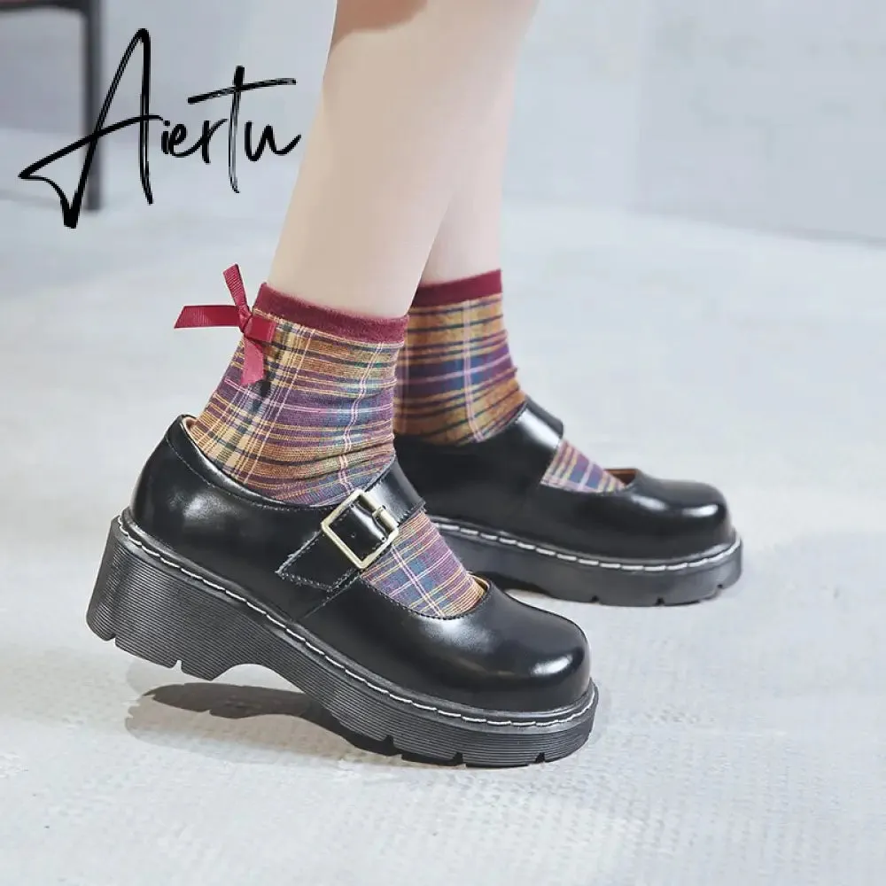 Aiertu New Arrival Japanese Style Vintage Buckle Mary Janes Shoes Women'S Shallow Mouth Casual Student Leather Shoes Thick Bottom