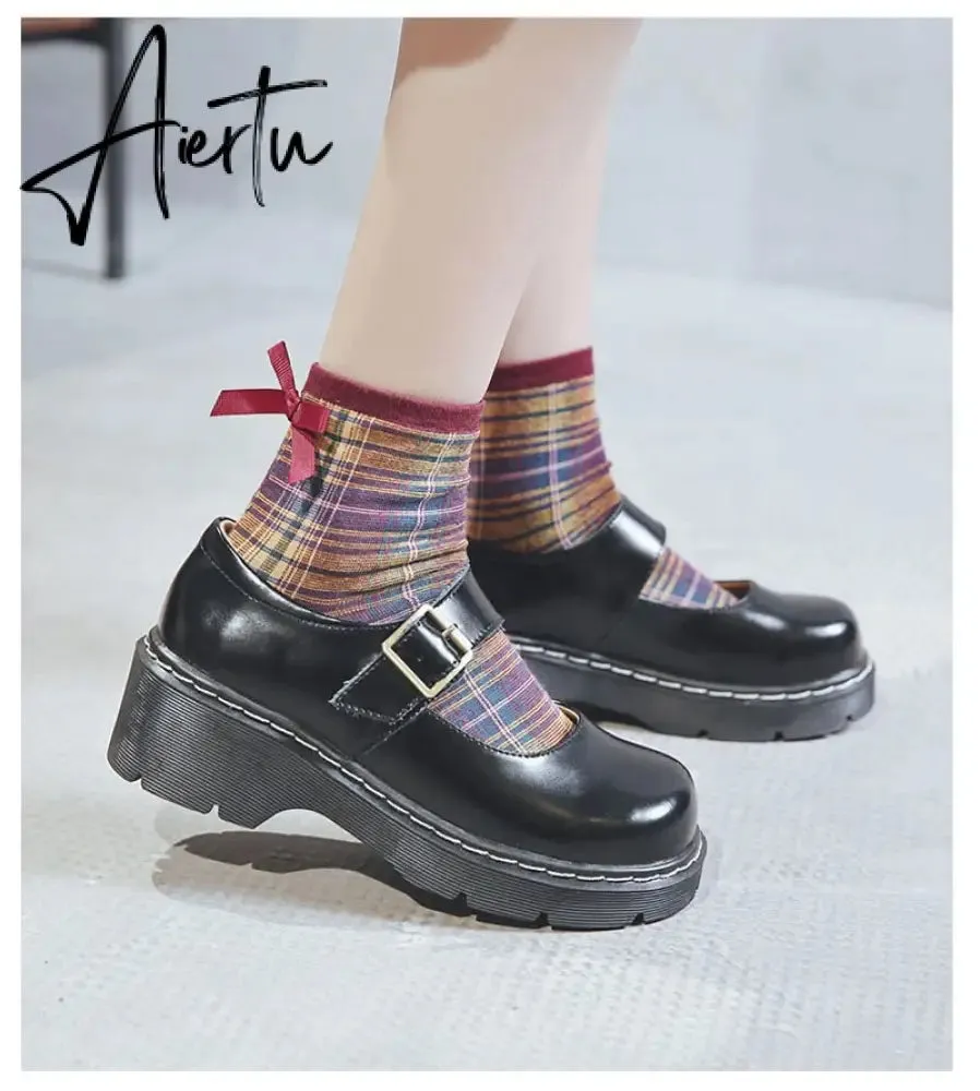Aiertu New Arrival Japanese Style Vintage Buckle Mary Janes Shoes Women'S Shallow Mouth Casual Student Leather Shoes Thick Bottom