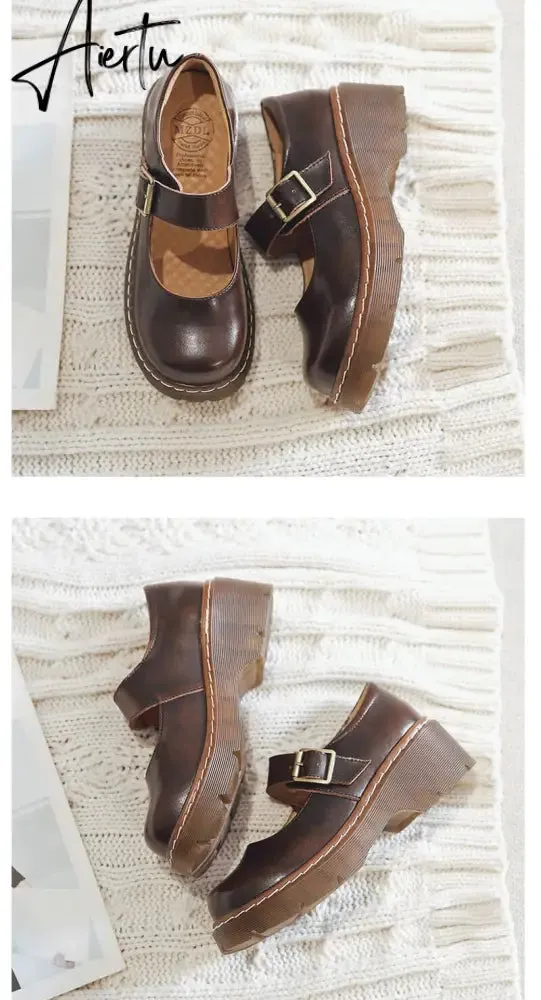 Aiertu New Arrival Japanese Style Vintage Buckle Mary Janes Shoes Women'S Shallow Mouth Casual Student Leather Shoes Thick Bottom