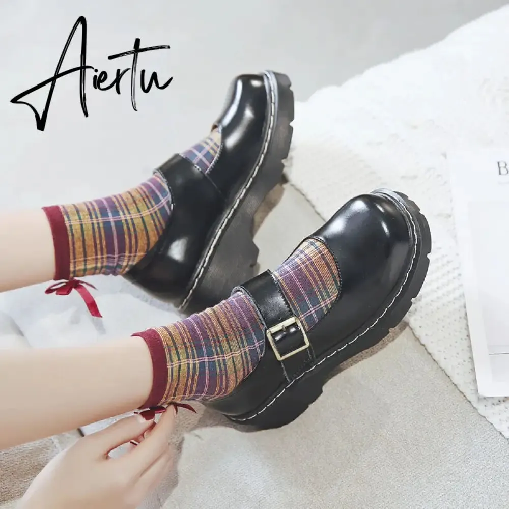 Aiertu New Arrival Japanese Style Vintage Buckle Mary Janes Shoes Women'S Shallow Mouth Casual Student Leather Shoes Thick Bottom