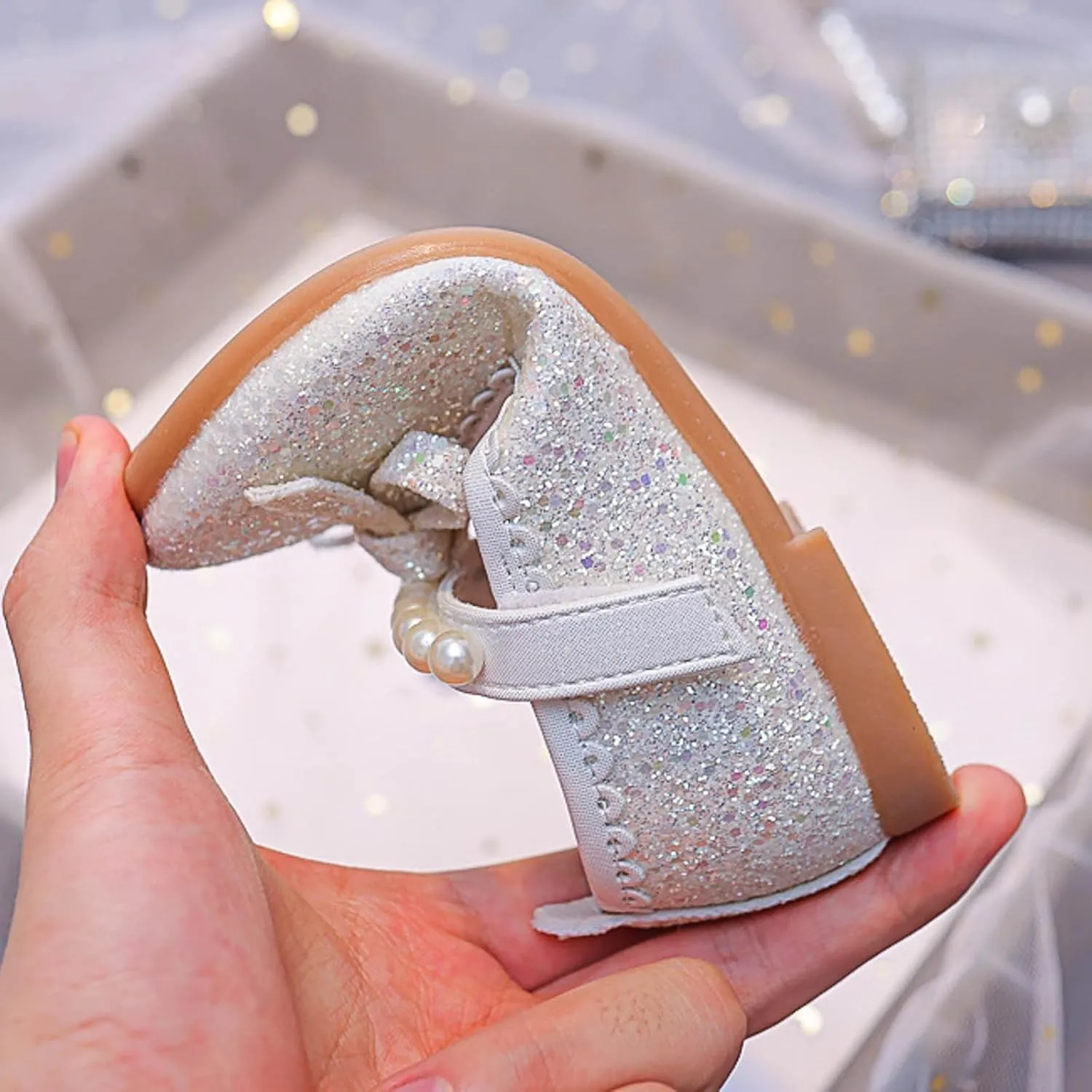 Girl's Mary Jane Bow Elastic Strap Ballerina Flat Flower Bridesmaids Heels Glitter Princess Shoes Baptism Dress Shoes