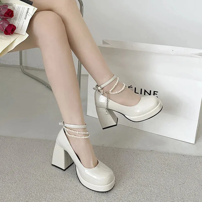 JOSKAA Y2K Chunky Platform High Heels Pumps Women Summer Patent Leather Black White Lolita Shoes Woman Pearl Ankle Straps Pumps