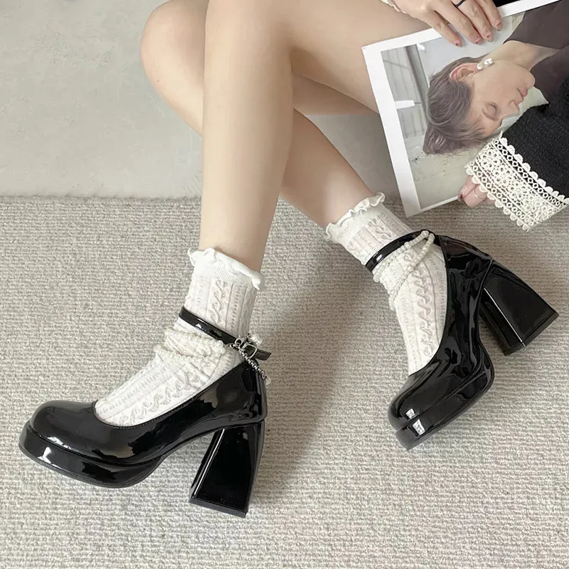 JOSKAA Y2K Chunky Platform High Heels Pumps Women Summer Patent Leather Black White Lolita Shoes Woman Pearl Ankle Straps Pumps