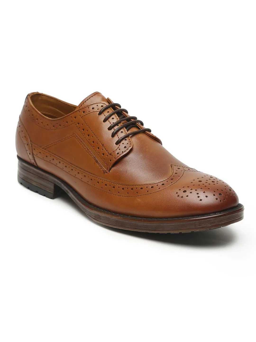 Men Tan Solid Leather Round Toe Formal Derbys