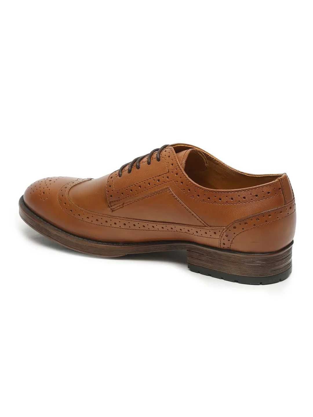 Men Tan Solid Leather Round Toe Formal Derbys