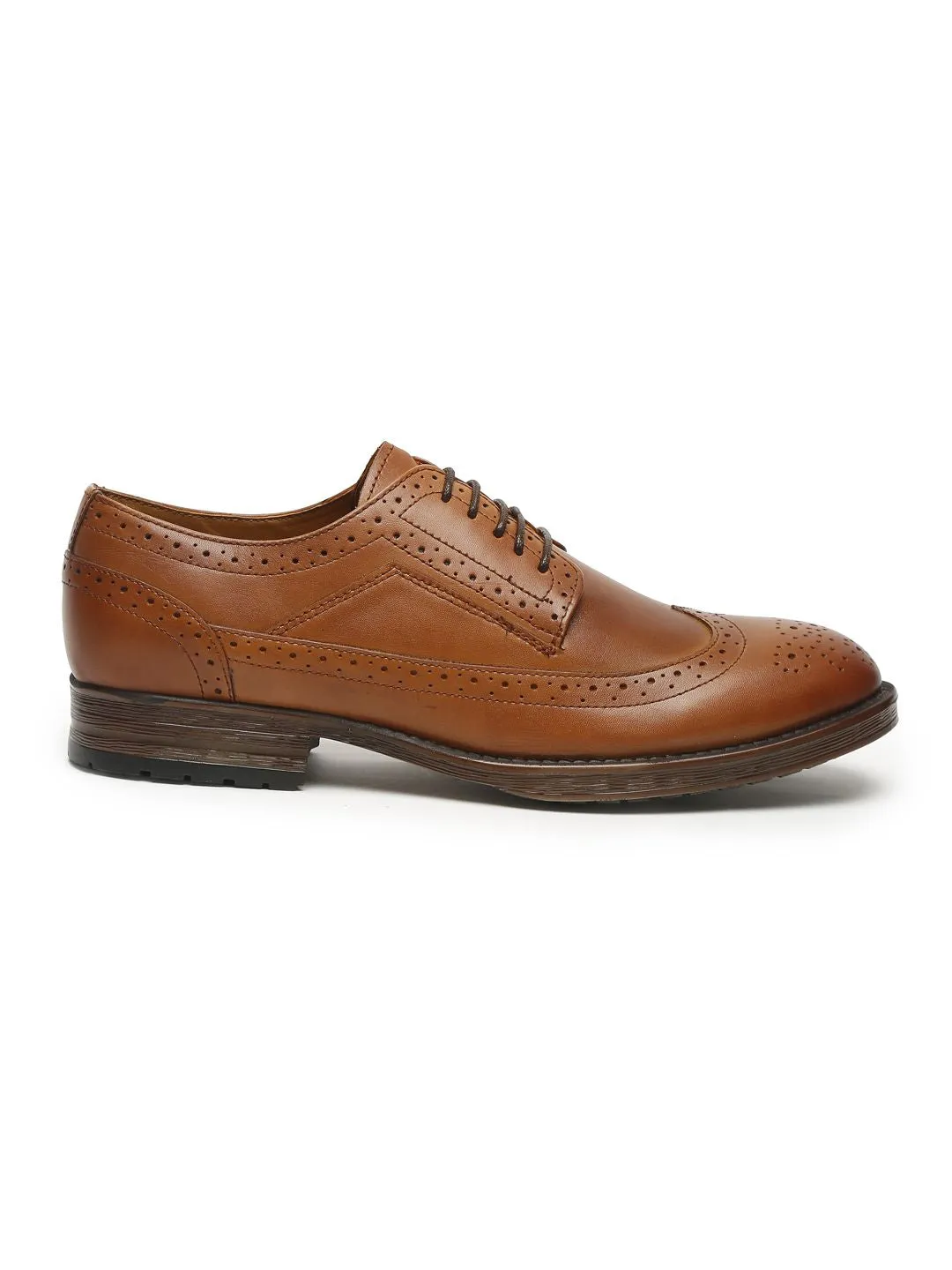 Men Tan Solid Leather Round Toe Formal Derbys