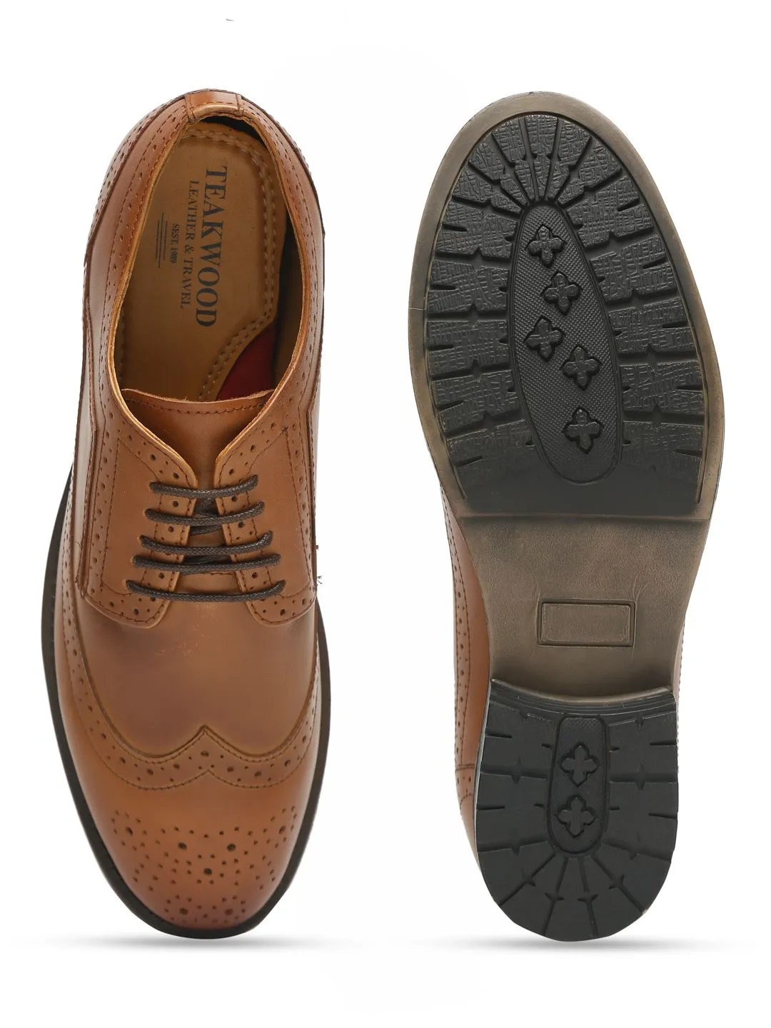 Men Tan Solid Leather Round Toe Formal Derbys