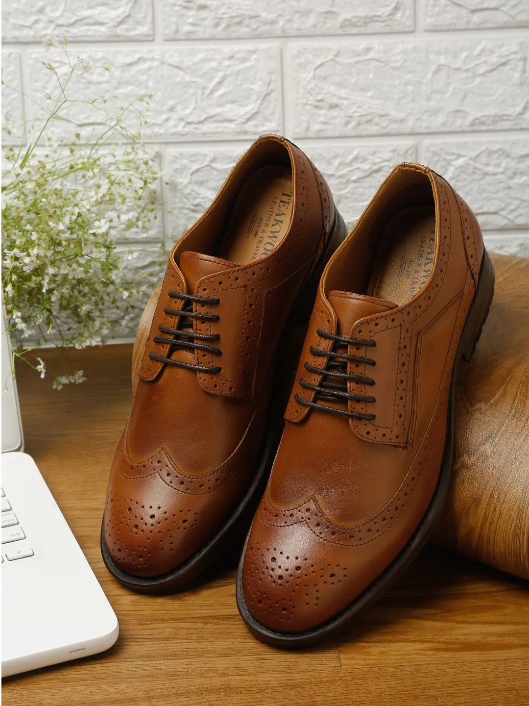 Men Tan Solid Leather Round Toe Formal Derbys
