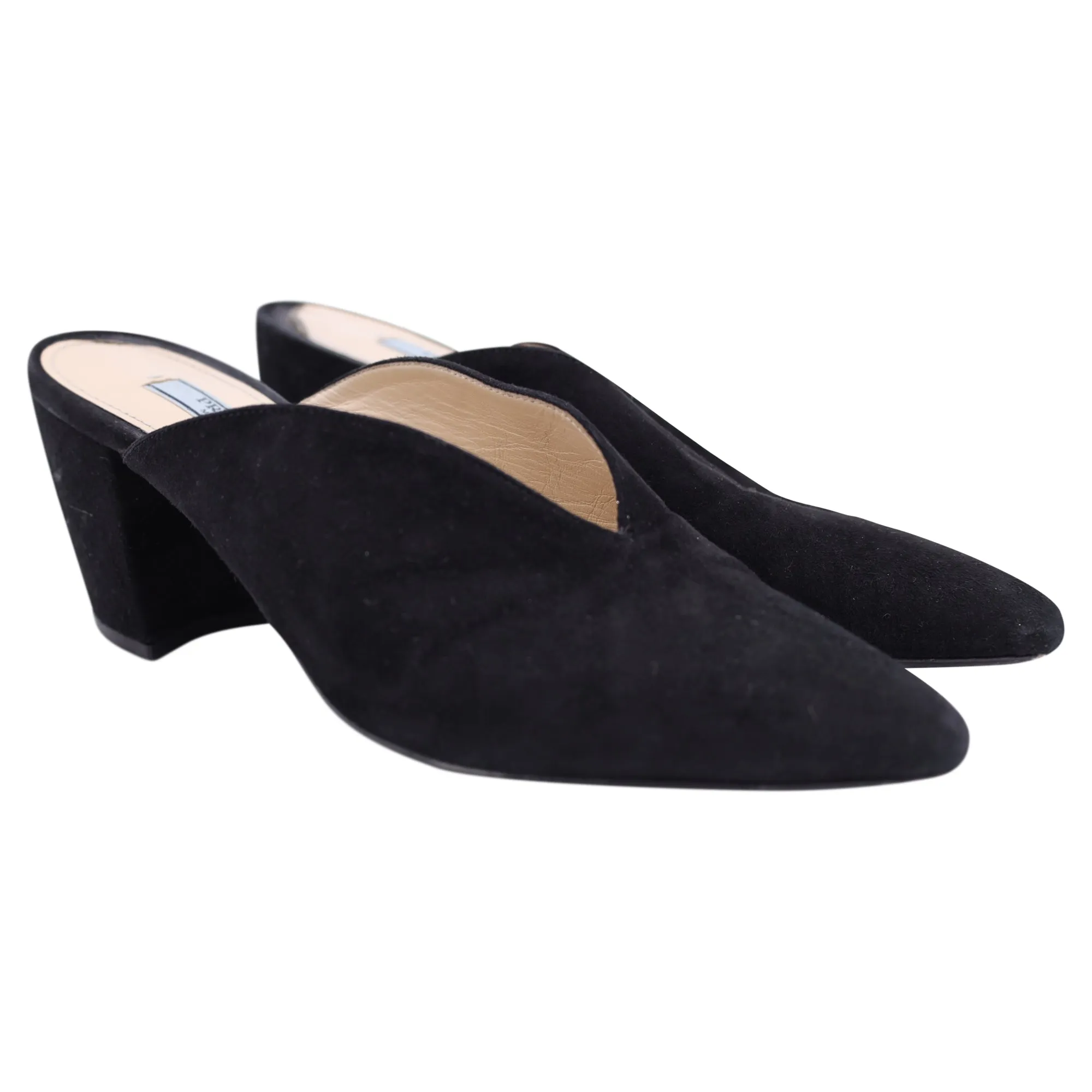 Prada Block Heel Pointed Toe Mules in Black Suede