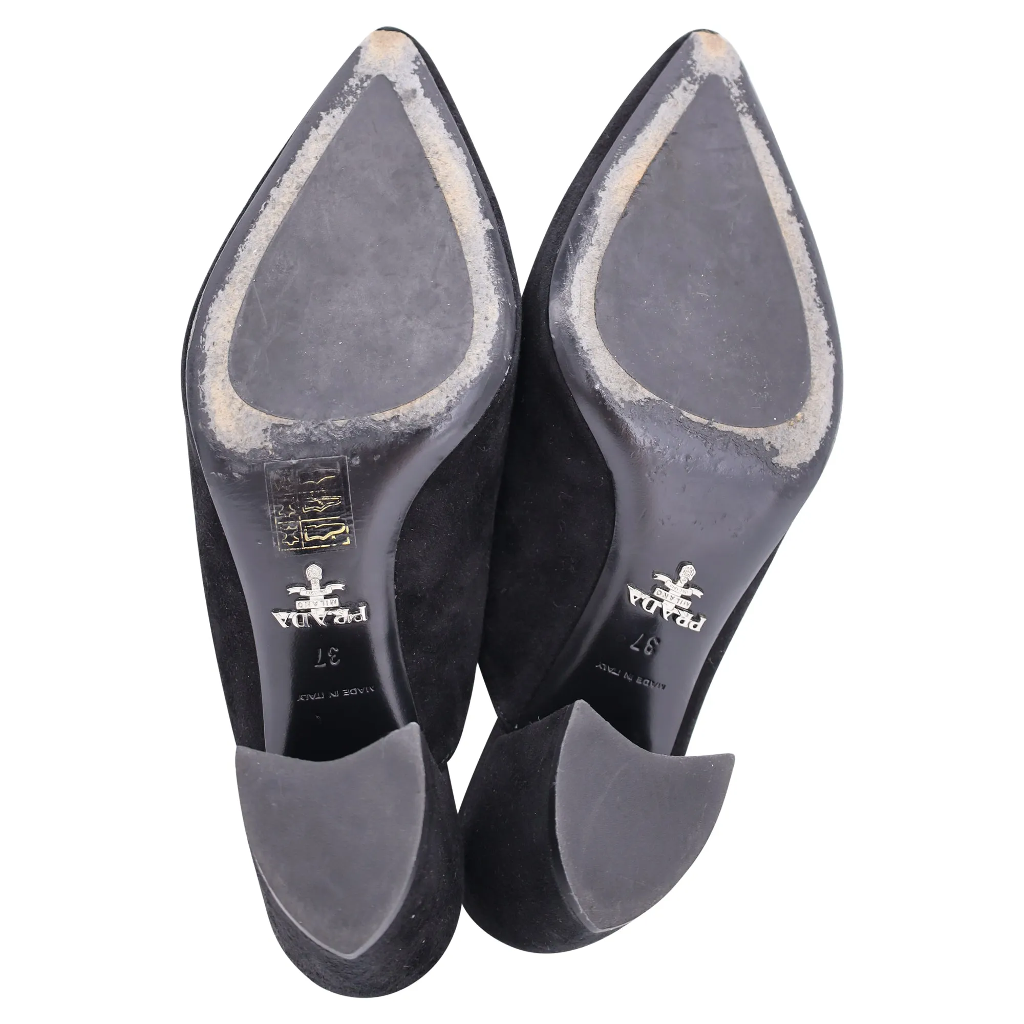Prada Block Heel Pointed Toe Mules in Black Suede