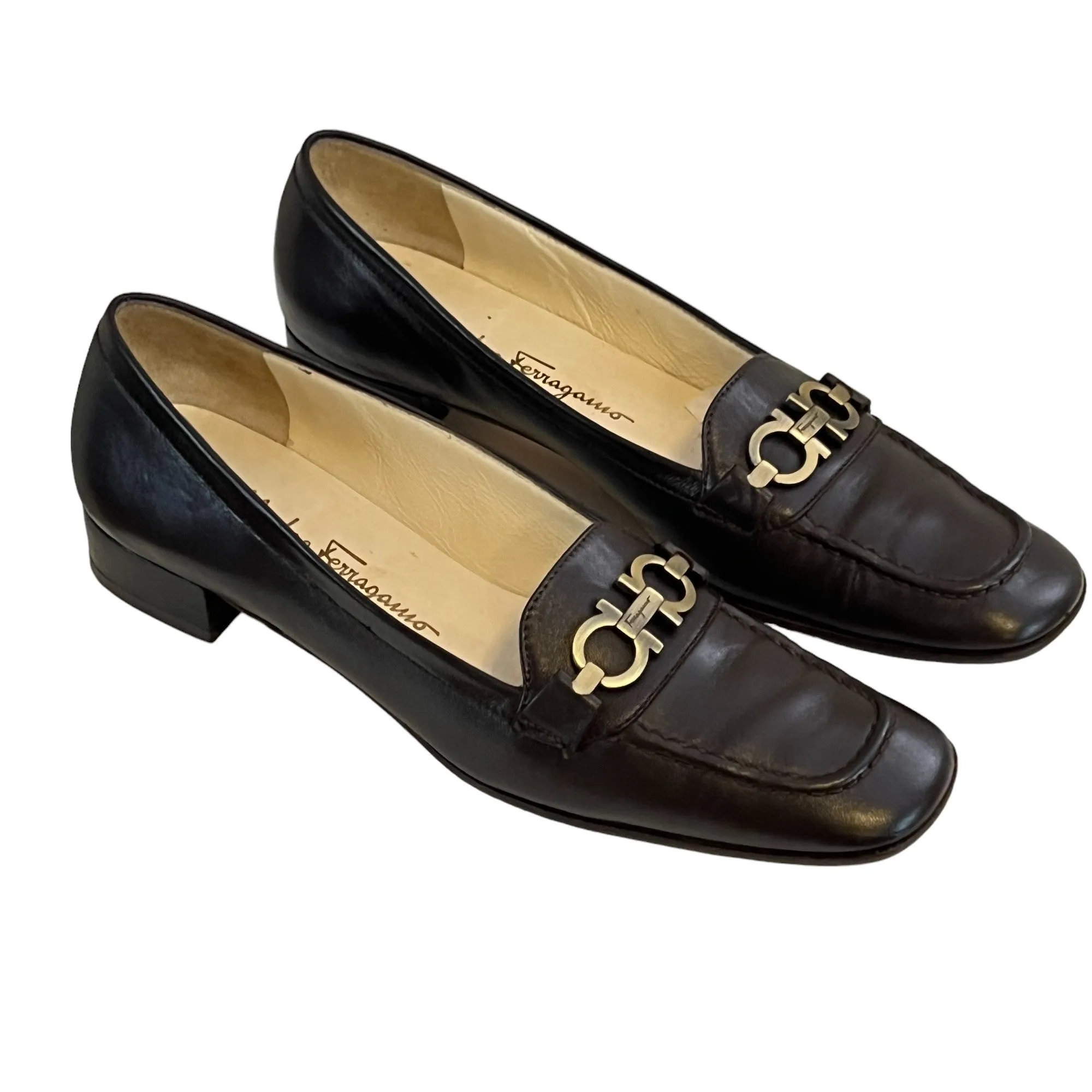 Salvatore Ferragamo Brown Leather Gancini Logo Loafers Size 7 Narrow 4A