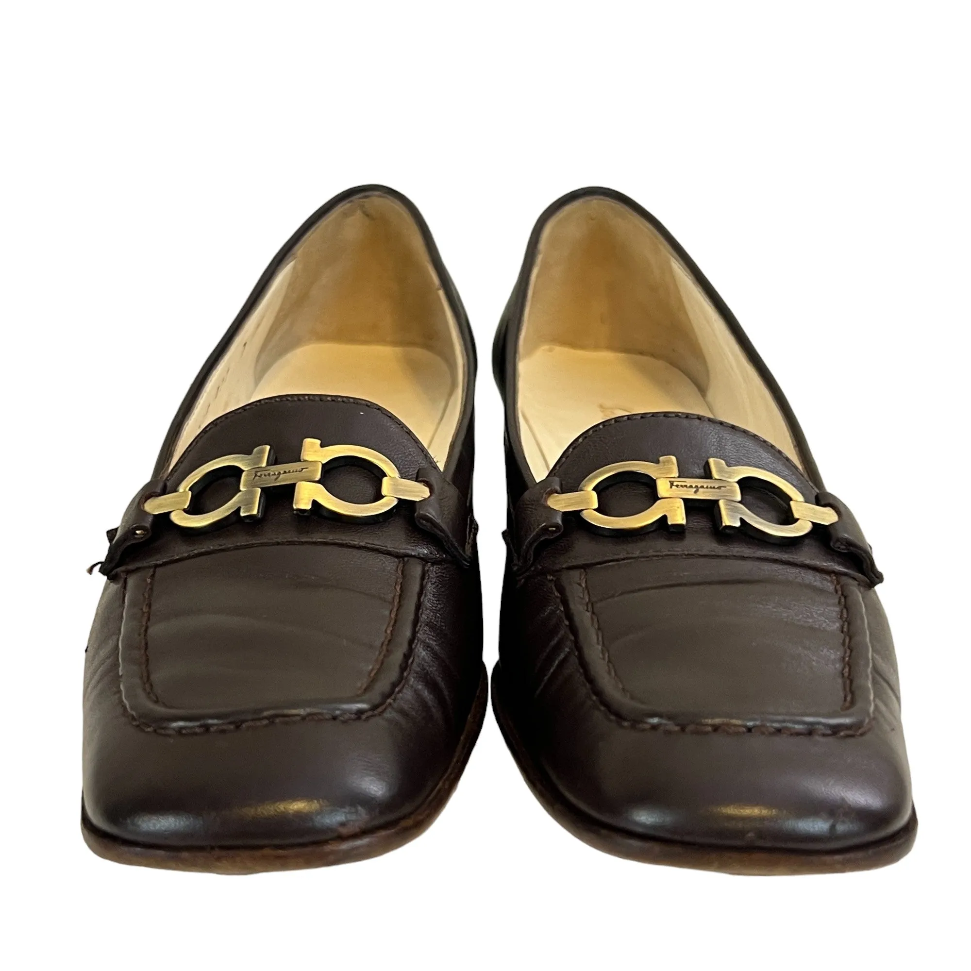 Salvatore Ferragamo Brown Leather Gancini Logo Loafers Size 7 Narrow 4A