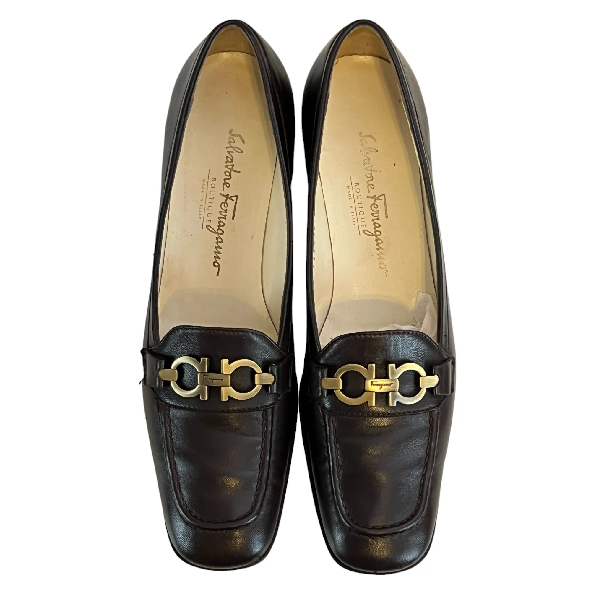 Salvatore Ferragamo Brown Leather Gancini Logo Loafers Size 7 Narrow 4A