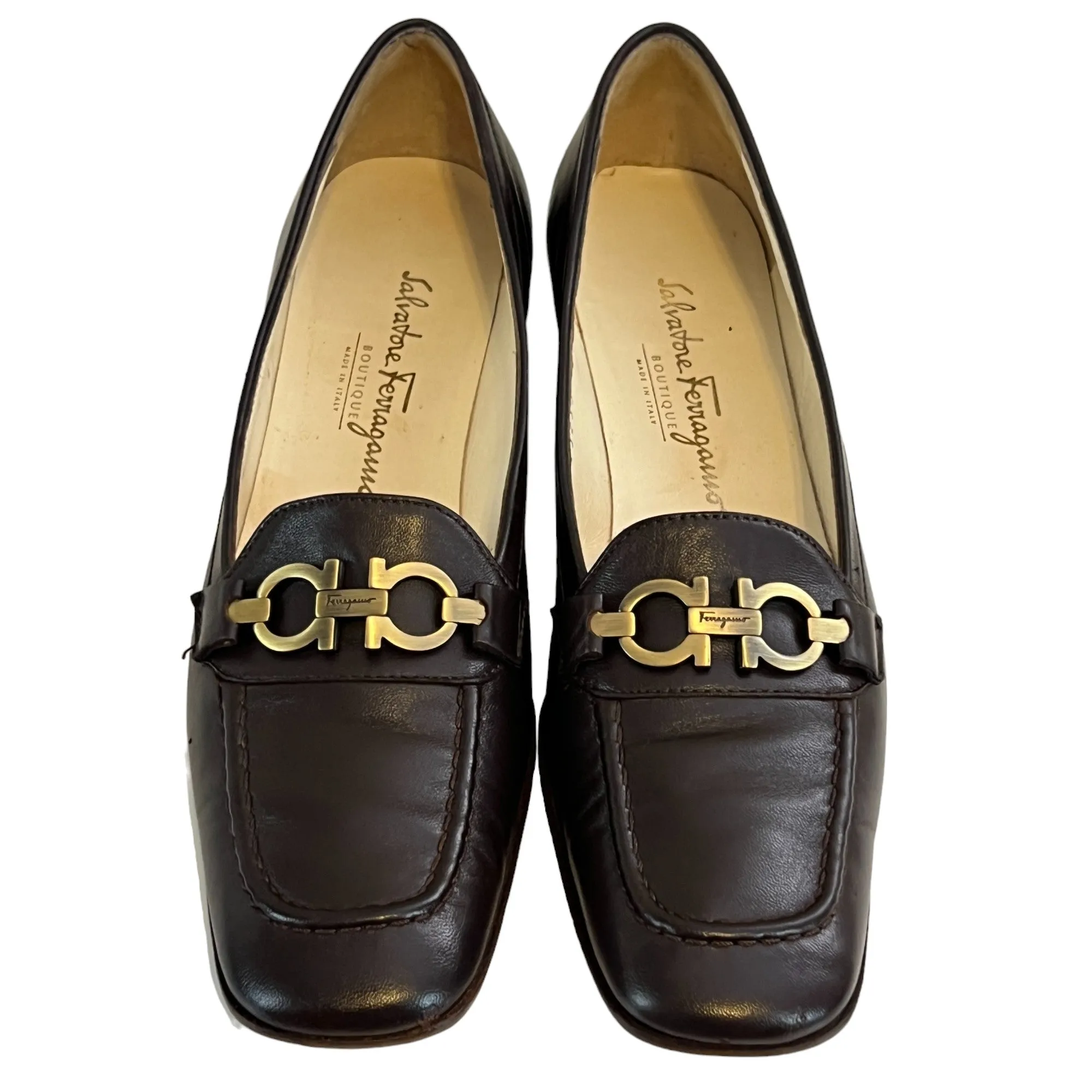 Salvatore Ferragamo Brown Leather Gancini Logo Loafers Size 7 Narrow 4A