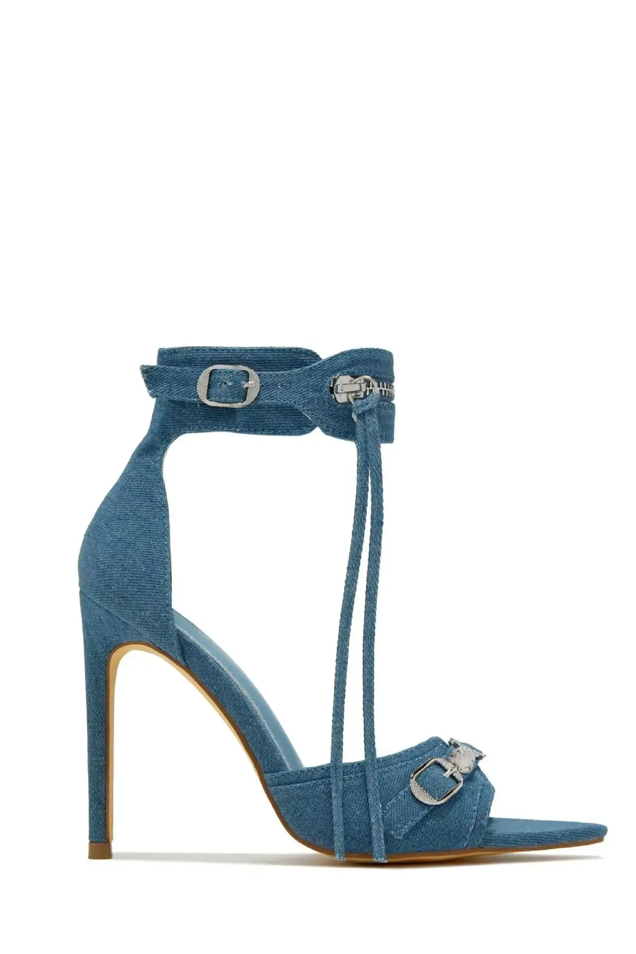 Sexy denim open-toe strappy heeled sandals