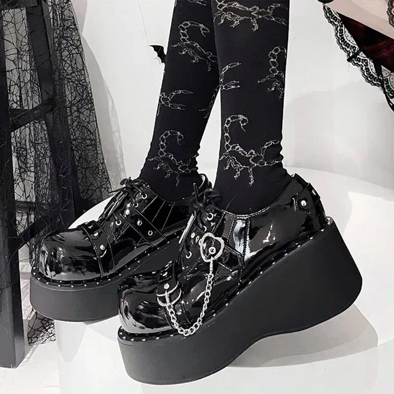 Sohiwoo Fashion Zipper Chunky Platform Mary Janes Women 2023 Round Toe Buckle Wedge Pumps Woman Patent Leather Y2K Punk Gothic Shoes