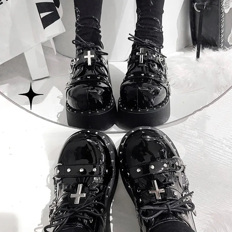 Sohiwoo Fashion Zipper Chunky Platform Mary Janes Women 2023 Round Toe Buckle Wedge Pumps Woman Patent Leather Y2K Punk Gothic Shoes