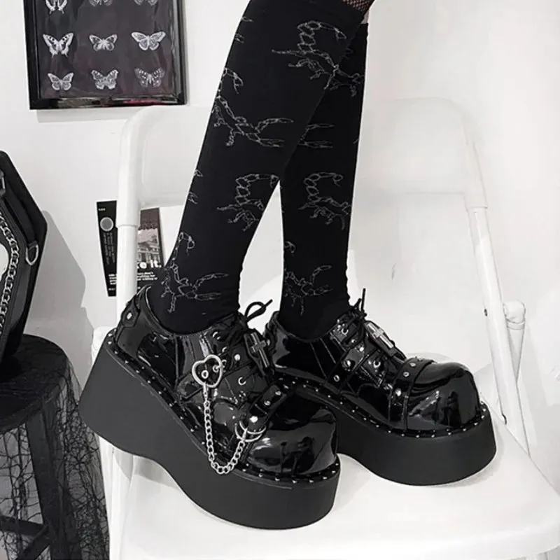 Sohiwoo Fashion Zipper Chunky Platform Mary Janes Women 2023 Round Toe Buckle Wedge Pumps Woman Patent Leather Y2K Punk Gothic Shoes