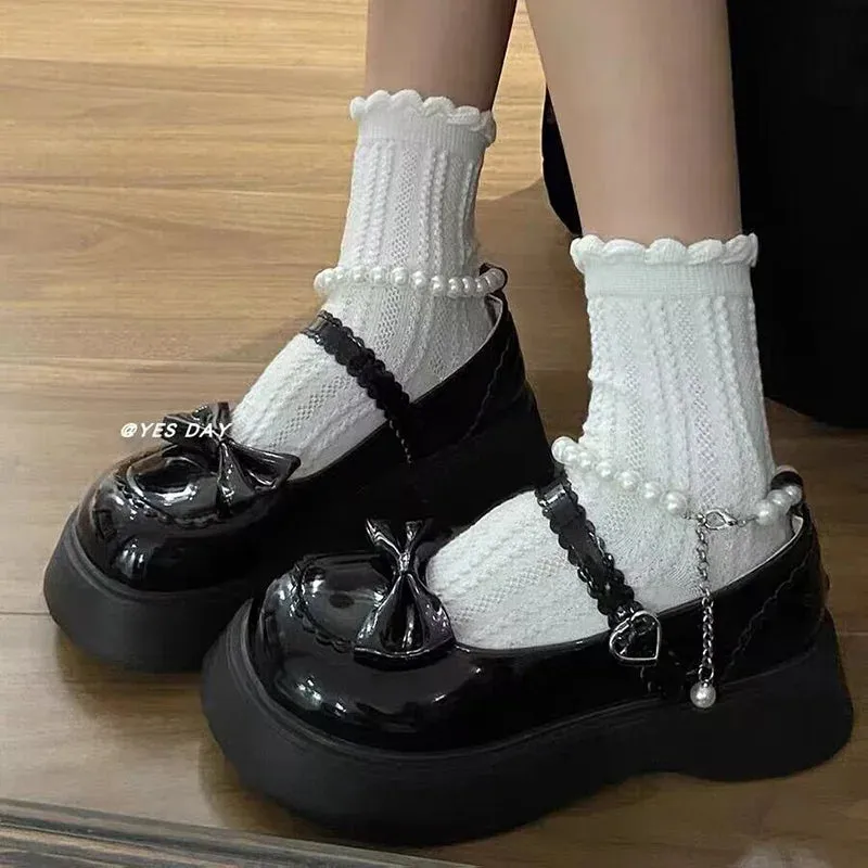 Sohiwoo Lovely Pearl Strap Lolita Shoes for Women Sweet Bowtie Platform Mary Janes Woman Patent Leather Non-Slip Cute Flats