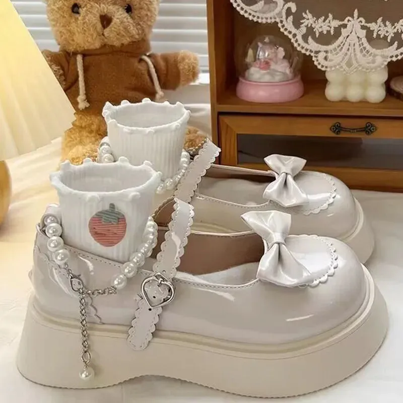 Sohiwoo Lovely Pearl Strap Lolita Shoes for Women Sweet Bowtie Platform Mary Janes Woman Patent Leather Non-Slip Cute Flats