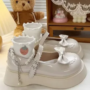 Sohiwoo Lovely Pearl Strap Lolita Shoes for Women Sweet Bowtie Platform Mary Janes Woman Patent Leather Non-Slip Cute Flats