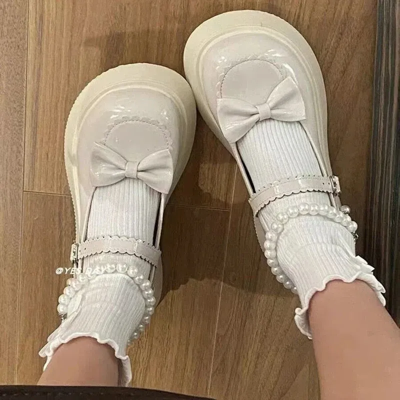 Sohiwoo Lovely Pearl Strap Lolita Shoes for Women Sweet Bowtie Platform Mary Janes Woman Patent Leather Non-Slip Cute Flats