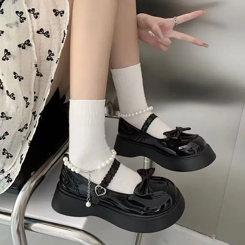Sohiwoo Lovely Pearl Strap Lolita Shoes for Women Sweet Bowtie Platform Mary Janes Woman Patent Leather Non-Slip Cute Flats