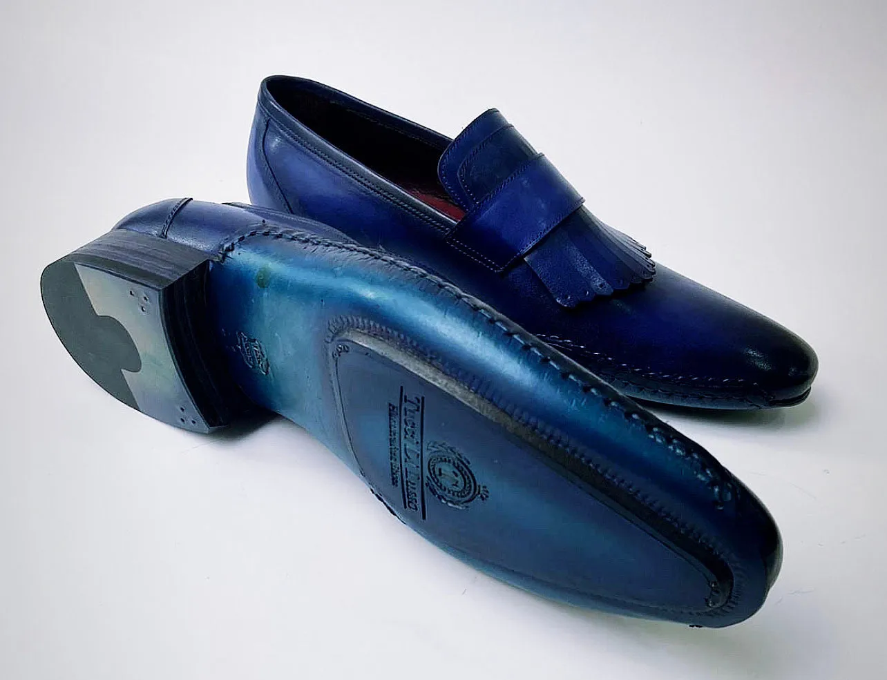 Tucci Di Lusso Mens Royal Blue Hand-welted Italian Calf Skin leather luxury Kiltie Loafers