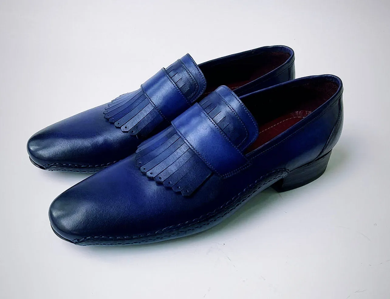 Tucci Di Lusso Mens Royal Blue Hand-welted Italian Calf Skin leather luxury Kiltie Loafers